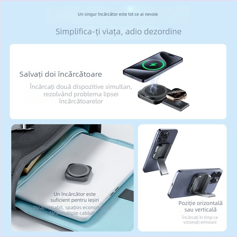 Suport de încărcare wireless magnetic cu bază, 2 în 1 încărcare pentru două dispozitive simultan, 15W max, ieșire 5V/9V/12V