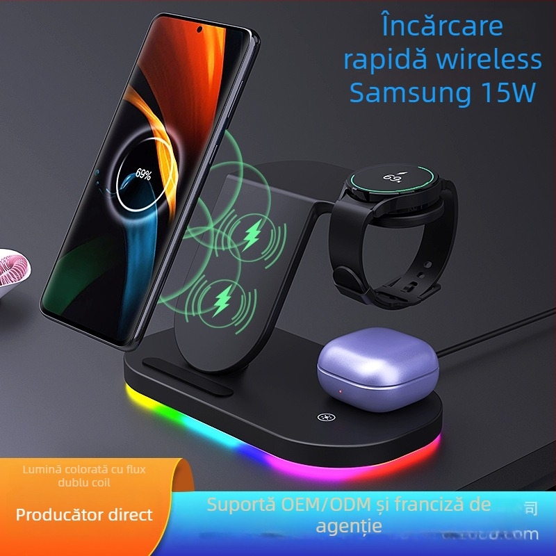 Stand de încărcare wireless vertical 3-in-1 pentru Samsung telefon și ceas, încărcare rapidă QC3.0, USB-C, certificat Qi