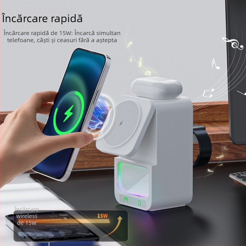 Încărcător wireless cu difuzor Bluetooth, cinci în unu - încărcare wireless magnetică, 15W încărcare rapidă, QC 3.0, curent de ieșire 3A, putere totală 22.5W