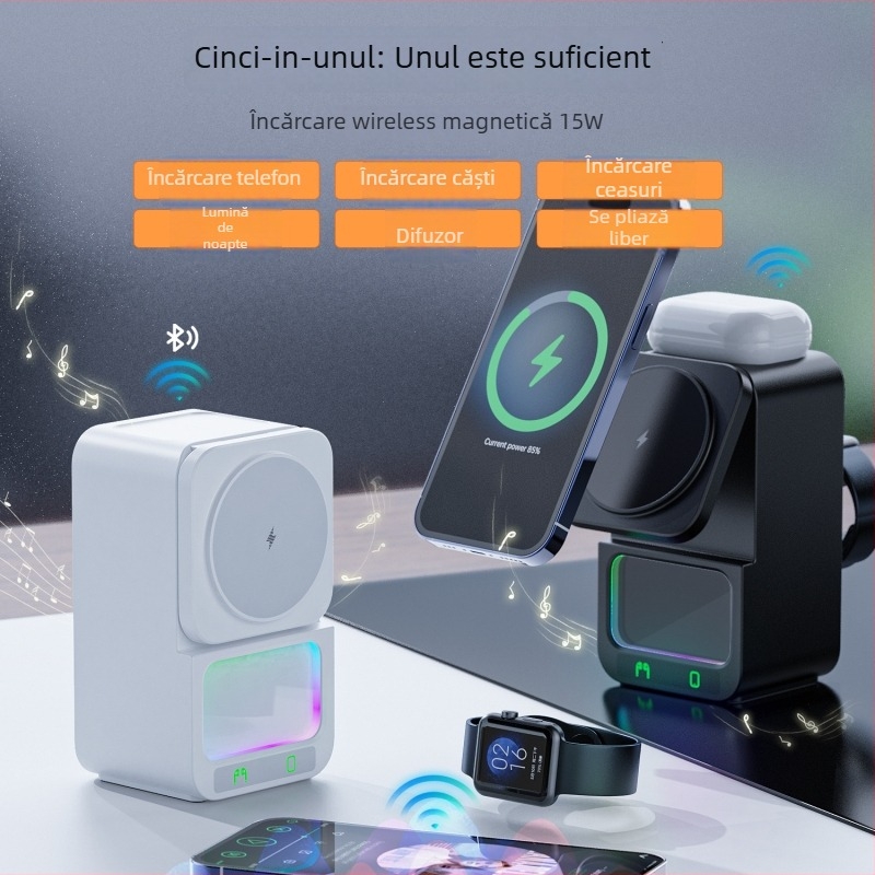 Încărcător wireless cu difuzor Bluetooth, cinci în unu - încărcare wireless magnetică, 15W încărcare rapidă, QC 3.0, curent de ieșire 3A, putere totală 22.5W