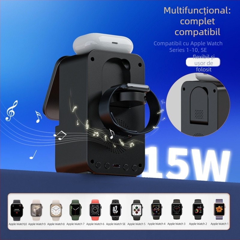 Încărcător wireless cu difuzor Bluetooth, cinci în unu - încărcare wireless magnetică, 15W încărcare rapidă, QC 3.0, curent de ieșire 3A, putere totală 22.5W