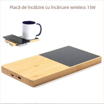 Încărcător wireless 2 în 1 cu ceașcă din bambus încălzitoare, 15W încărcare rapidă, QC 2.0