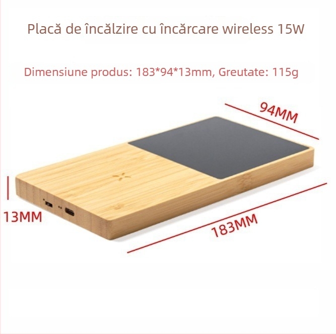 Încărcător wireless 2 în 1 cu ceașcă din bambus încălzitoare, 15W încărcare rapidă, QC 2.0