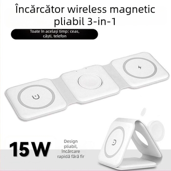 Încărcător wireless 15W, 3 în 1 pliabil, încărcare magnetică pentru ceasuri și telefoane