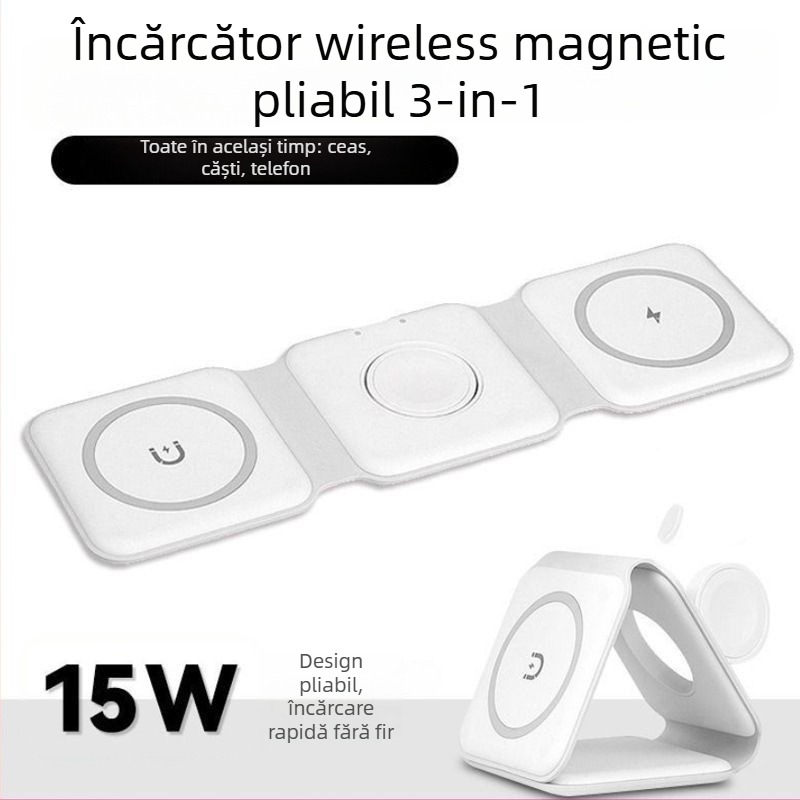 Încărcător wireless 15W, 3 în 1 pliabil, încărcare magnetică pentru ceasuri și telefoane