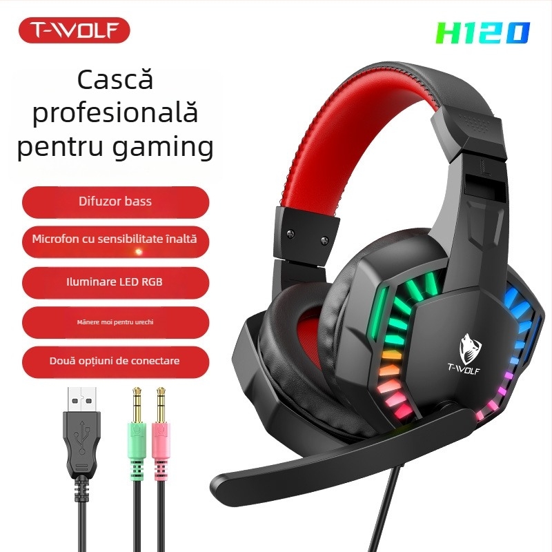 Thunderwolf H120 căști gaming cu fir pentru PC, cu microfon, difuzoare de 40 mm, USB + 3,5 mm, cablu de 1,7 m