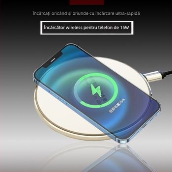 Încărcător Qi wireless pentru birou, rotund, metalic, ultra-subțire, 15W PD, 2A