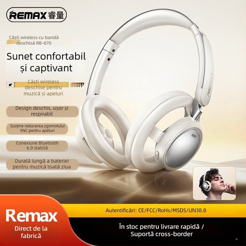 Remax căști wireless pentru cap cu reducere ENC a zgomotului, Bluetooth 6.0, rază de 10 m, sunet stereo, autonomie peste 8 ore