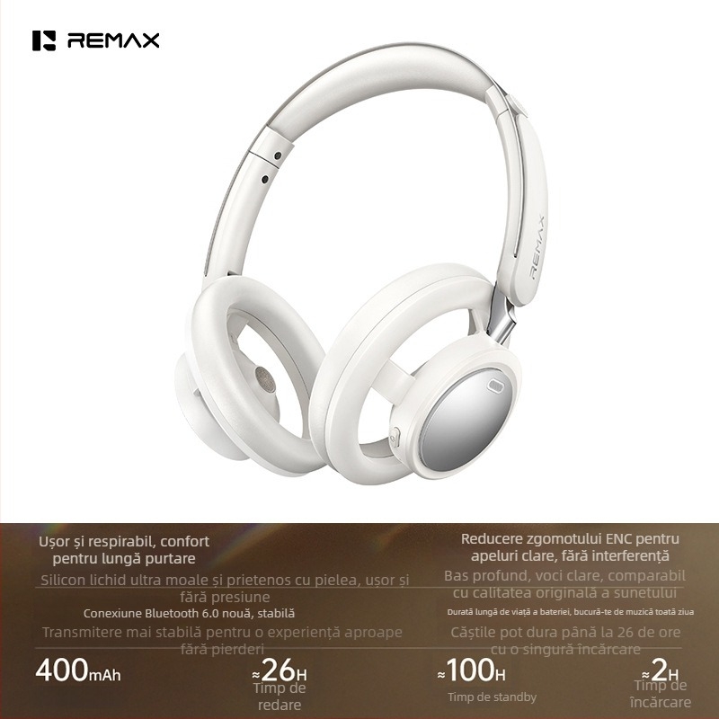 Remax căști wireless pentru cap cu reducere ENC a zgomotului, Bluetooth 6.0, rază de 10 m, sunet stereo, autonomie peste 8 ore