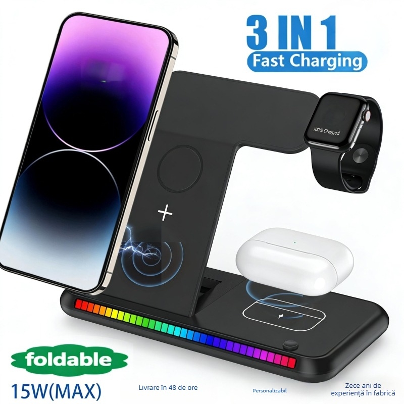 Încărcător wireless 3 în 1 vertical, 15W maxim, încărcare magnetică, pentru ceasuri și căști, cu lumină ambientală
