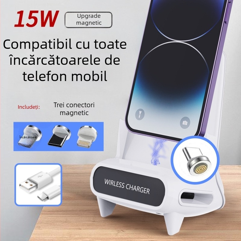 Încărcător wireless pentru telefon cu suport de birou — vizualizare orizontală/verticală, încărcare rapidă QC 3.0, 15W, 9V/2A