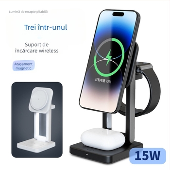 Suport pliabil pentru încărcare wireless cu lampă de veghe, încărcător magnetic patru în unu, 15W, QC3.0, putere totală 23W