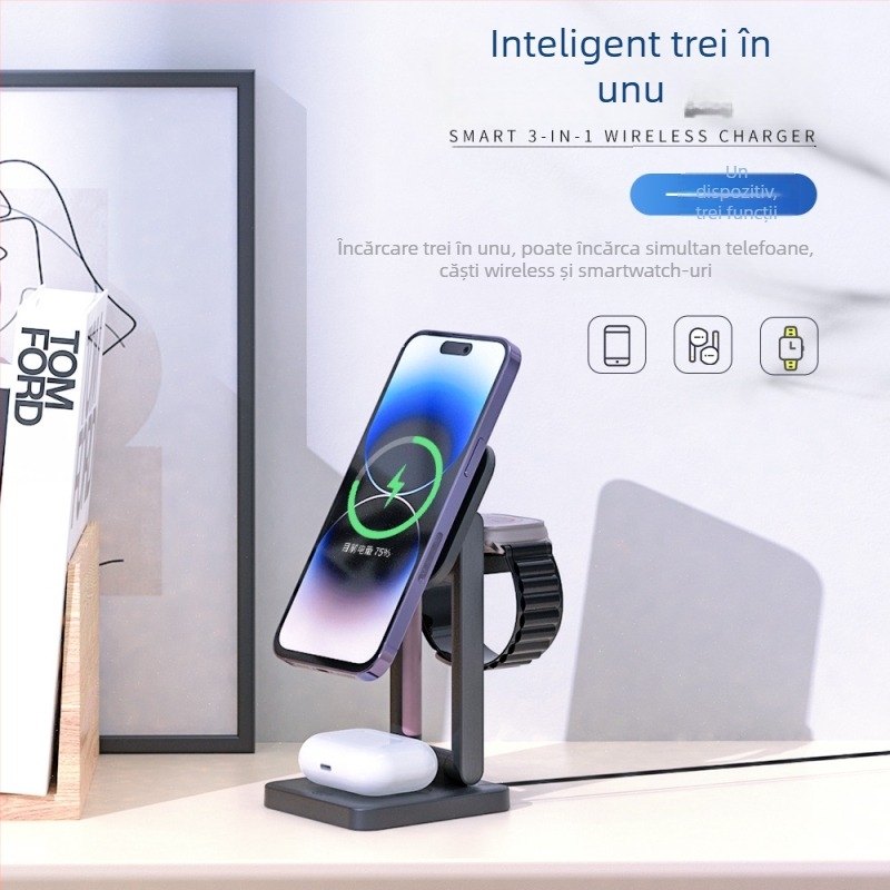 Suport pliabil pentru încărcare wireless cu lampă de veghe, încărcător magnetic patru în unu, 15W, QC3.0, putere totală 23W