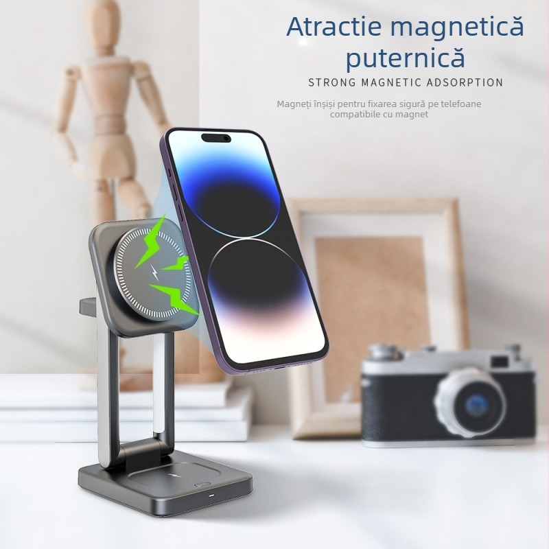Suport pliabil pentru încărcare wireless cu lampă de veghe, încărcător magnetic patru în unu, 15W, QC3.0, putere totală 23W