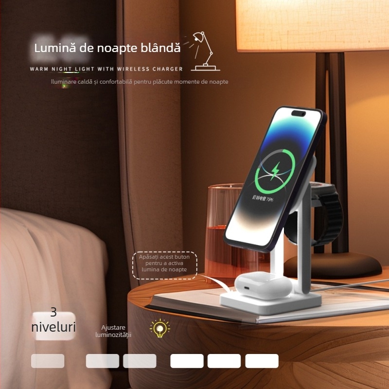 Suport pliabil pentru încărcare wireless cu lampă de veghe, încărcător magnetic patru în unu, 15W, QC3.0, putere totală 23W