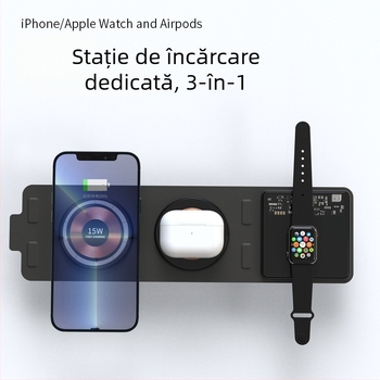 Încărcător wireless 3-în-1 pentru birou, pliabil, design transparent, 15W încărcare rapidă, încărcare magnetică, afișaj digital, model T01