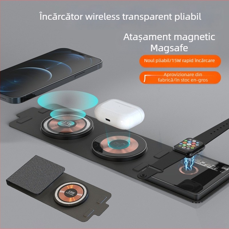 Încărcător wireless 3-în-1 pentru birou, pliabil, design transparent, 15W încărcare rapidă, încărcare magnetică, afișaj digital, model T01