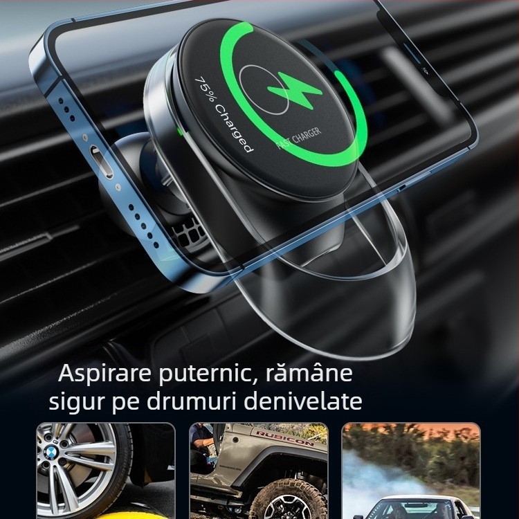 Încărcător auto fără fir MagSafe 15W cu suport magnetic pentru telefon și suport de navigație, încărcare rapidă QC3.0