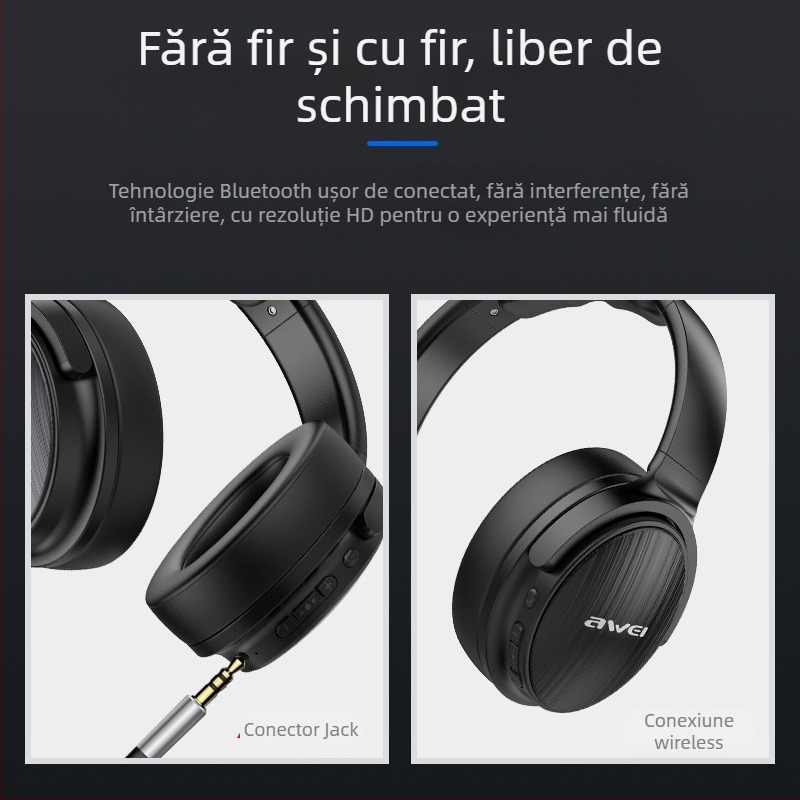Awei headset de gaming wireless Bluetooth 5.0, pliabil, difuzoare 40 mm, supra-urechi, autonomie 4–8 ore, IPX4