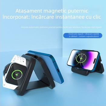 Încărcător wireless 3 în 1 pentru Apple MagSafe, design de călătorie pliabil, cablu retractabil, 15W ieșire, QC3.0