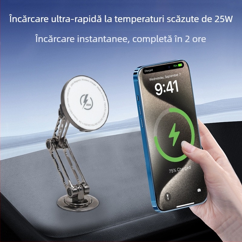 Încărcător wireless Qi2.2 cu braț robotic din aliaj de zinc pentru suportul telefonului, MagSafe încărcare magnetică, 25W PD