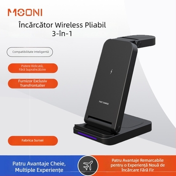 Încărcător wireless 3 în 1 pentru Apple — Suport pliabil, vertical, portabil, 15W QC3.0
