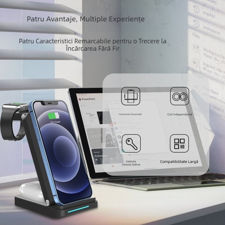 Încărcător wireless 3 în 1 pentru Apple — Suport pliabil, vertical, portabil, 15W QC3.0