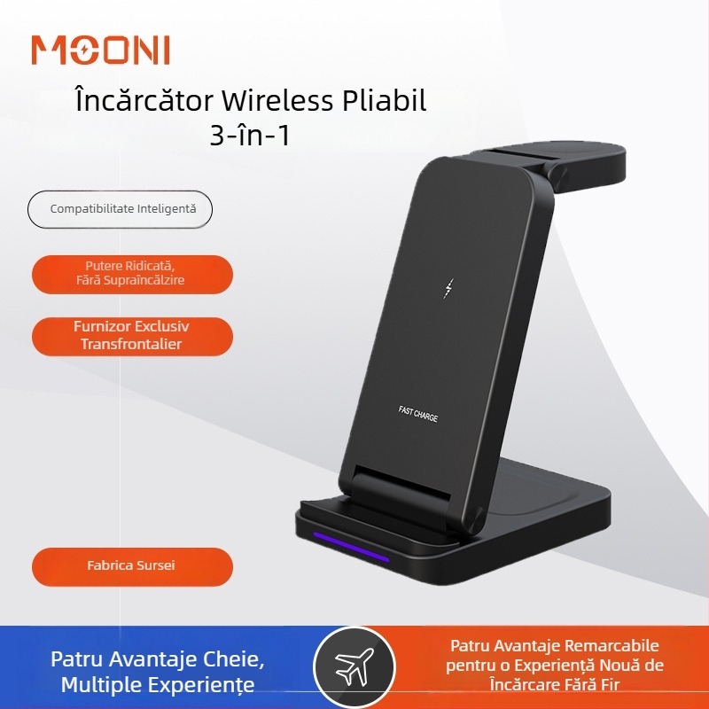 Încărcător wireless 3 în 1 pentru Apple — Suport pliabil, vertical, portabil, 15W QC3.0