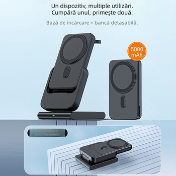Power bank MagSafe cu suport, încărcător wireless pliabil 3 în 1 pentru iWatch; ieșire maximă 15W, putere totală 22W, QC3.0