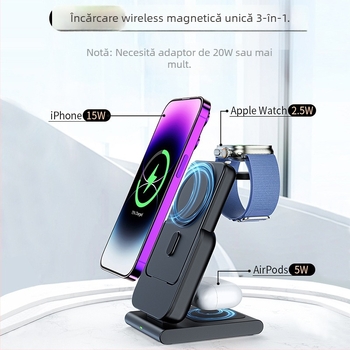 Power bank MagSafe cu suport, încărcător wireless pliabil 3 în 1 pentru iWatch; ieșire maximă 15W, putere totală 22W, QC3.0