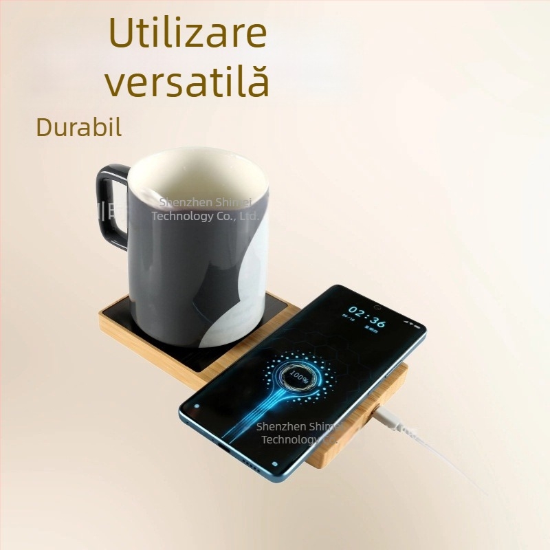 Încălzitor pentru ceașcă din bambus, 2 în 1, încărcător wireless — Type-C, 10W/15W, QC3.0