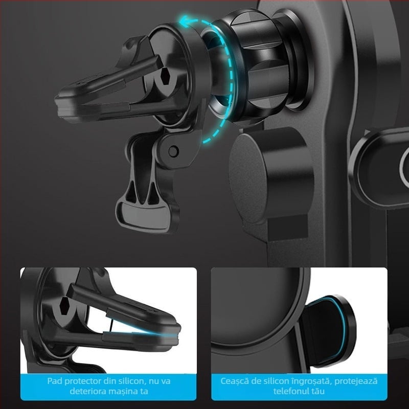 Încărcător auto wireless cu suport pentru telefon și clip de ventilație, 15W încărcare rapidă, senzor automat, compatibil S20