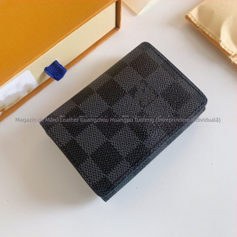 Portofel pentru monede din piele naturală pentru femei – model în carouri, căptușeală din piele de vacă