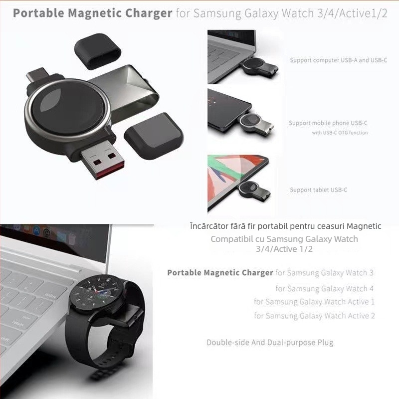 Încărcător wireless magnetic pentru Samsung Galaxy Watch 3–8, Active 1/2 • QC2.0 • Încărcare magnetică • 3W / 1A