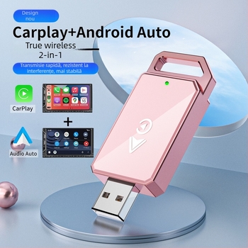 Adaptor CarPlay wireless pentru mașină, model 4129, interfață USB-C/USB, aliaj de aluminiu + TPU, greutate 50 g, compatibil cu CarPlay sau sistemul audio