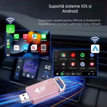 Adaptor CarPlay wireless pentru mașină, model 4129, interfață USB-C/USB, aliaj de aluminiu + TPU, greutate 50 g, compatibil cu CarPlay sau sistemul audio