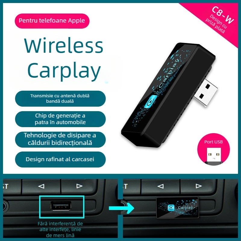 Adaptor CarPlay C8, procesor Quad-Core, 1GB RAM, interfață USB, pentru conectare CarPlay originală de la cablu la wireless
