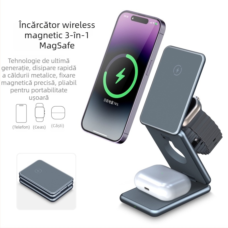 Încărcător wireless din aliaj de aluminiu, 3 în 1, pentru ceasuri Apple și Samsung, cu suport metalic pliabil (AK09; Intrare 2000; Ieșire 1.5; Curent de încărcare 2100 mA; CE/FCC/ROHS)