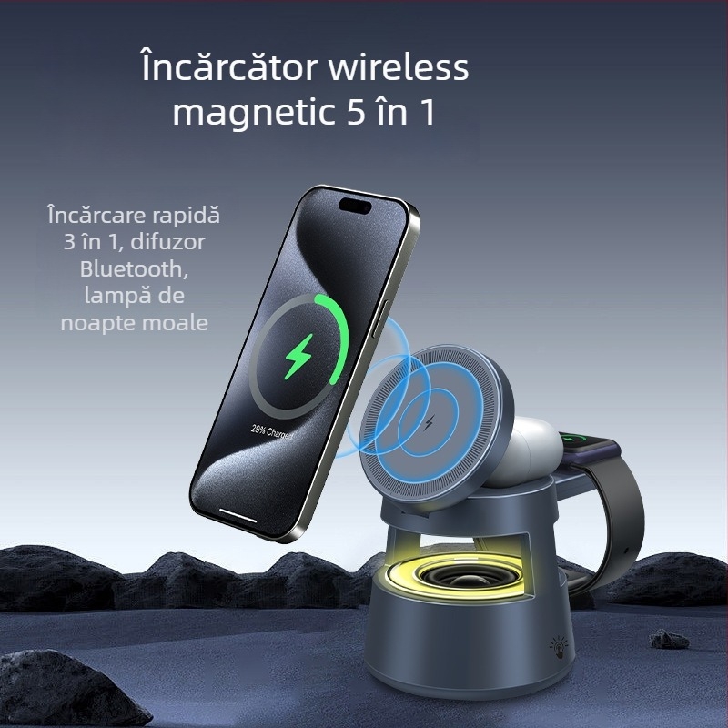 Încărcător fără fir magnetic 5 în 1 pentru iPhone, căști, ceas, difuzor Bluetooth și lampă de noapte – ieșire telefon până la 15W, 3W pentru căști/ceas, 21W în total, QC 3.0