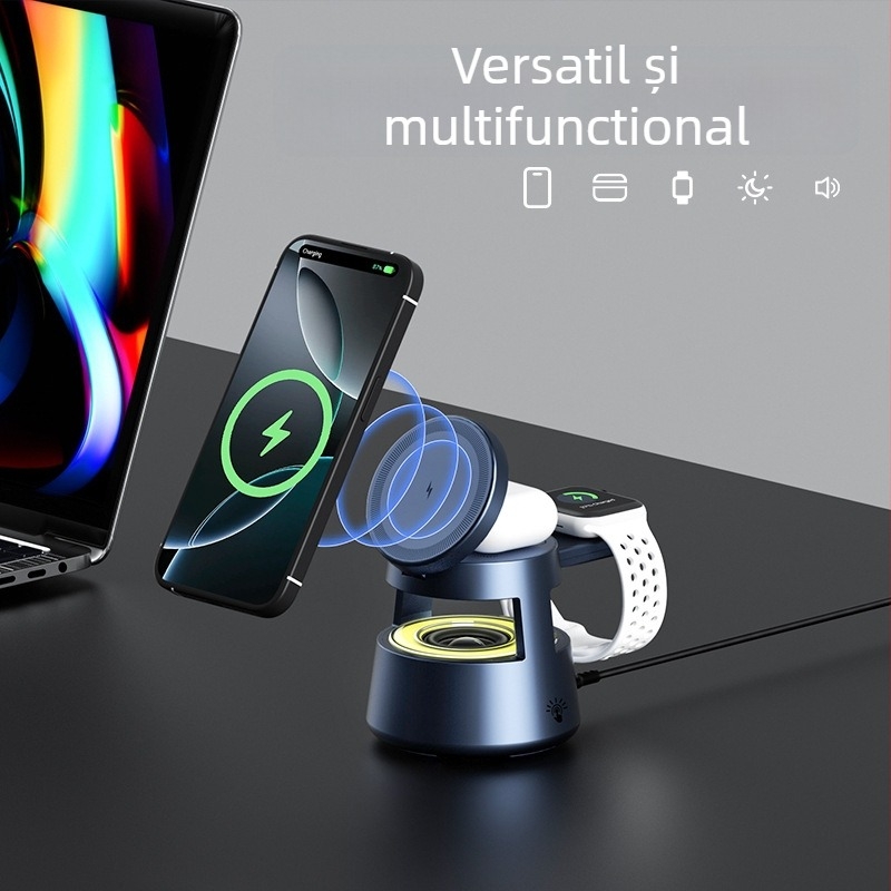 Încărcător fără fir magnetic 5 în 1 pentru iPhone, căști, ceas, difuzor Bluetooth și lampă de noapte – ieșire telefon până la 15W, 3W pentru căști/ceas, 21W în total, QC 3.0