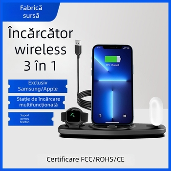 Încărcător wireless 3 în 1 cu bază de încărcare și suport pentru telefon, încărcare magnetică 15W PD/QC3.0, Ieșire 3A
