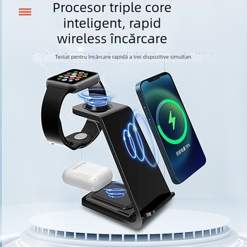 Încărcător wireless vertical 3-în-1 pentru telefoane Apple și Android, QC3.0, încărcare magnetică, afișaj digital, putere maximă 15W