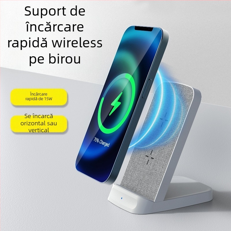 Încărcător wireless vertical pentru birou, 15W, cu două bobine, Qi