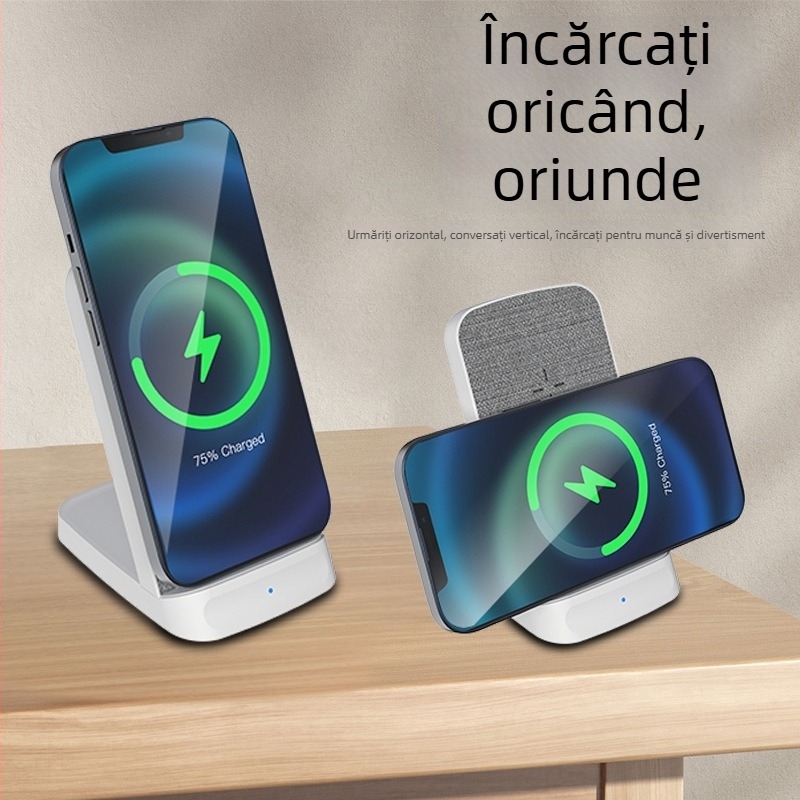 Încărcător wireless vertical pentru birou, 15W, cu două bobine, Qi