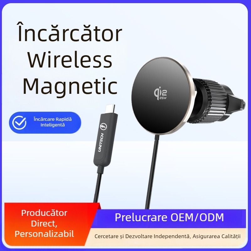 Încărcător auto wireless magnetic Qi2.2, 25W, carcasă din aliaj de aluminiu, interfață USB