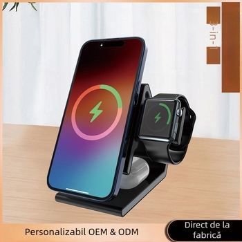 Încărcător wireless de birou pliabil, magnetic, 3-în-1, 15W, QC3.0, pentru iPhone, Apple Watch, căști și telefon