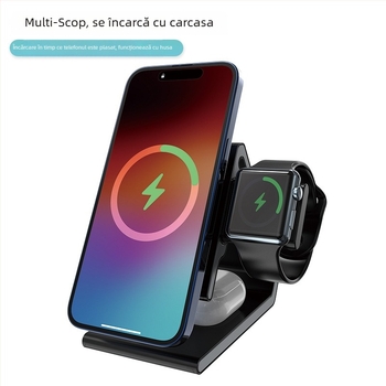 Încărcător wireless de birou pliabil, magnetic, 3-în-1, 15W, QC3.0, pentru iPhone, Apple Watch, căști și telefon