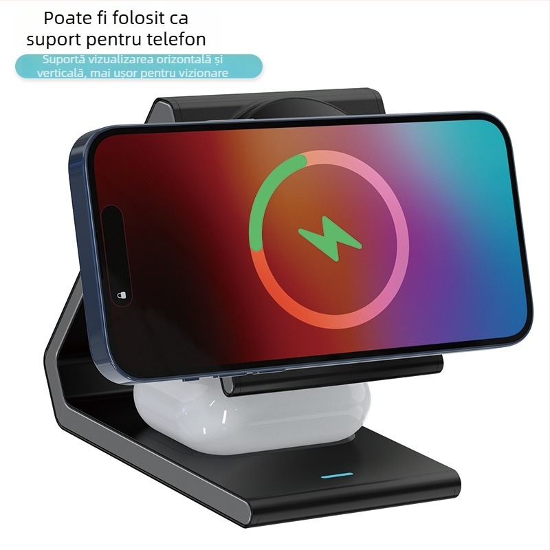 Încărcător wireless de birou pliabil, magnetic, 3-în-1, 15W, QC3.0, pentru iPhone, Apple Watch, căști și telefon