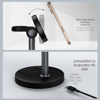 Încărcător wireless magnetic 3-in-1 pentru iPhone 13 și headset – putere totală 22,5W, până la 15W wireless, QC3.0, ieșire 2,2A