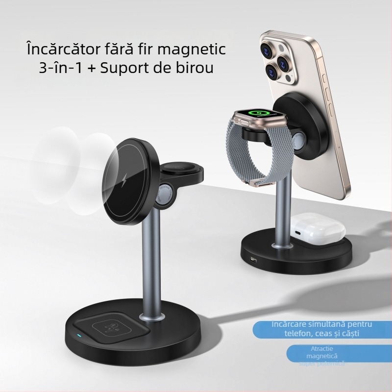 Încărcător wireless magnetic 3-in-1 pentru iPhone 13 și headset – putere totală 22,5W, până la 15W wireless, QC3.0, ieșire 2,2A